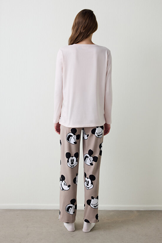 Beige Mickey Mouse Printed Crew Neck Long Sleeve Pajama Set Beige Mickey Mouse Printed Crew Neck Long Sleeve Pajama Set - 3