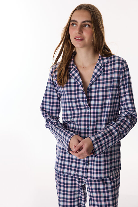 Koyu Mavi Colored Gingham Gömlek Pantolon Pijama Takımı - 2