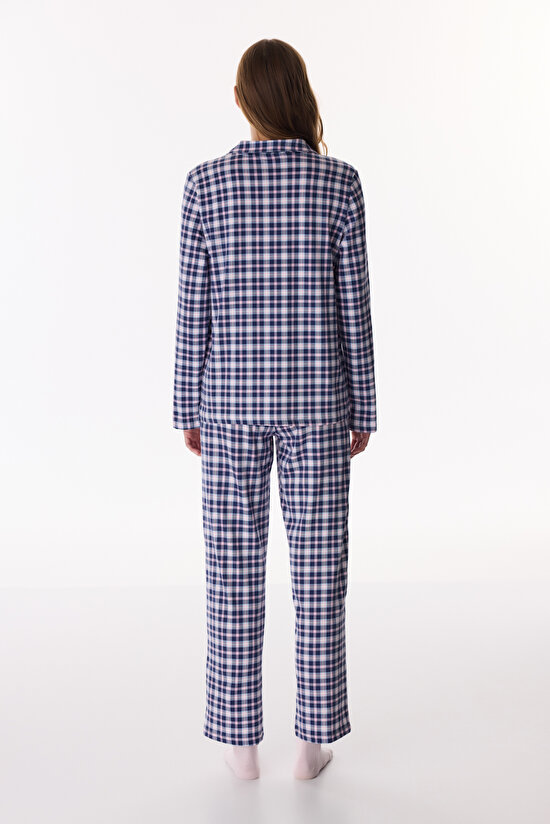 Koyu Mavi Colored Gingham Gömlek Pantolon Pijama Takımı - 4