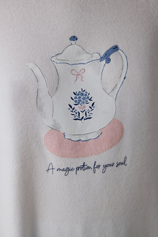 Kırık Beyaz Tea Time Bisiklet Yaka Termal Etkisi Sweatshirt Pijama Üstü - 3