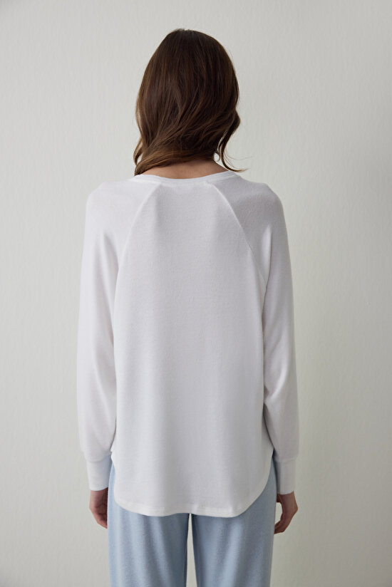 Kırık Beyaz Tea Time Bisiklet Yaka Termal Etkisi Sweatshirt Pijama Üstü - 5