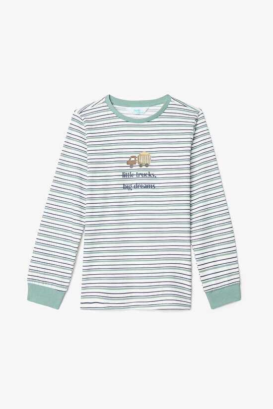 Kırık Beyaz Erkek Çocuk Little Truck Çizgili Pamuklu Uzun Kollu 2'li Pijama Takımı - 3