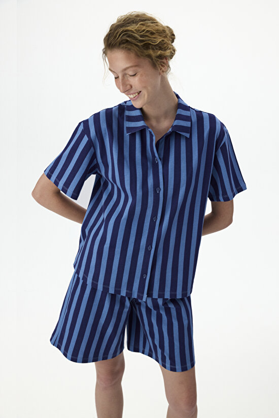 Navy Midnight Stripes Shirt & Shorts Pajama Set - 1