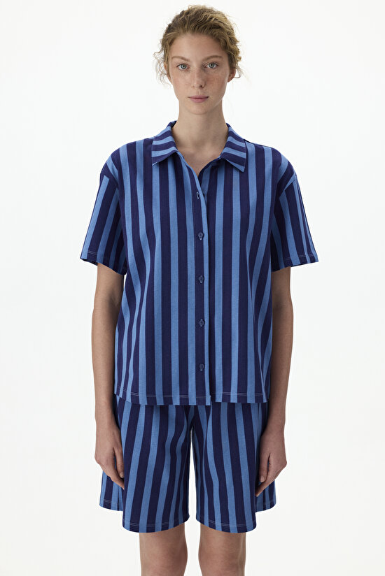 Navy Midnight Stripes Shirt & Shorts Pajama Set - 2