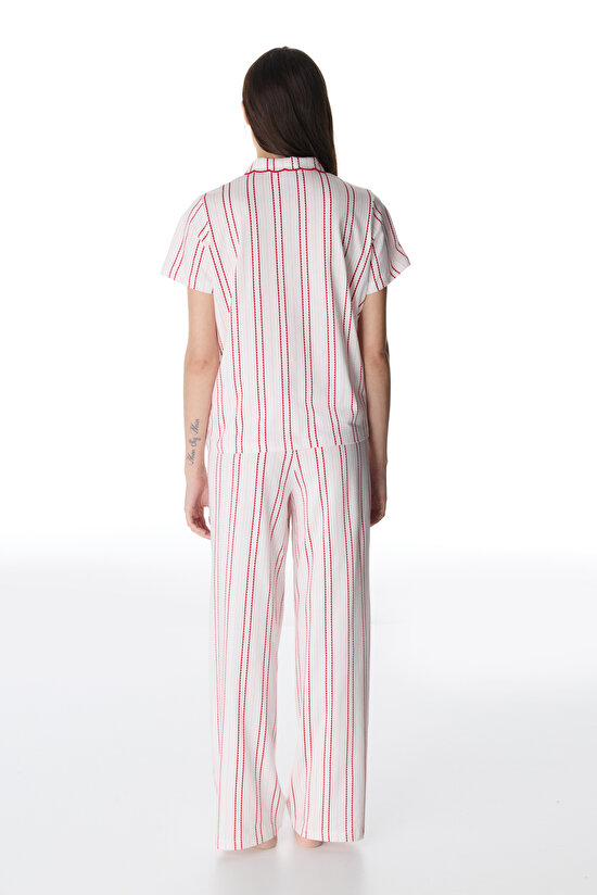 Kırık Beyaz Rosy Stripes Gömlek Pantolon Pijama Takımı - 4