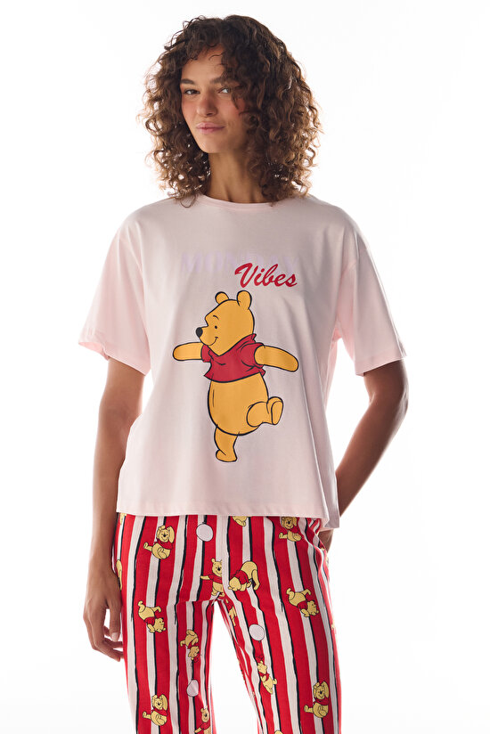 Pembe Monday Vibes Ayı Desenli Pantolon Kısa Kollu Pijama Takımı - 2
