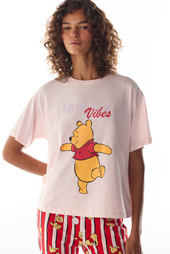 Pembe Monday Vibes Ayı Desenli Pantolon Kısa Kollu Pijama Takımı - 3