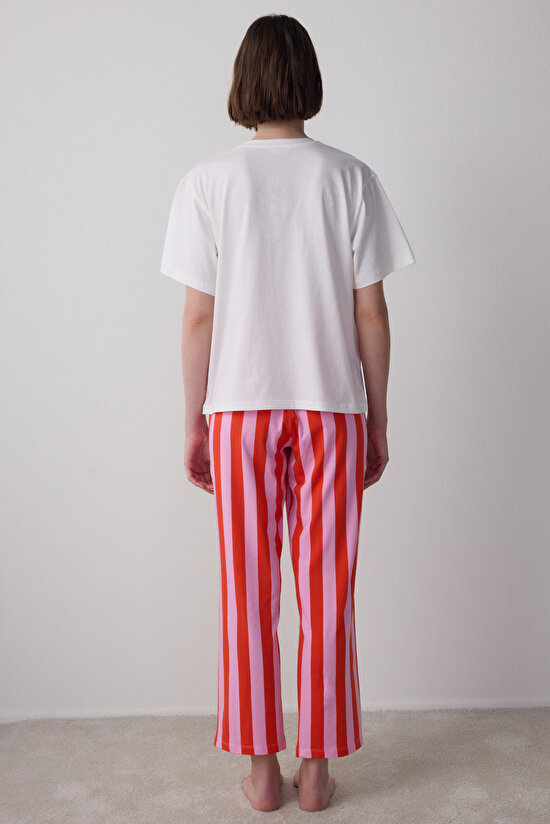 Mercan Chill Day Bisiklet Yaka Çizgili Pamuklu  Kısa Kol Pijama Takımı - 5