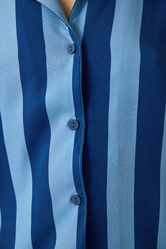 Blue Into The Blue Striped Shirt Collar Short Sleeve Shirt Shorts Pajama Set Blue Into The Blue Striped Shirt Collar Short Sleeve Shirt Shorts Pajama Set - 3