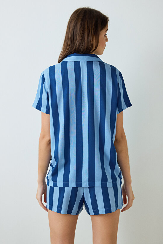 Blue Into The Blue Striped Shirt Collar Short Sleeve Shirt Shorts Pajama Set Blue Into The Blue Striped Shirt Collar Short Sleeve Shirt Shorts Pajama Set - 4