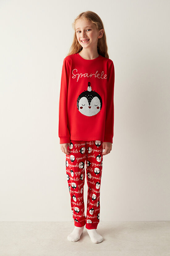 Kız Çocuk Payetli Kırmızı Pijama Takımı - 1