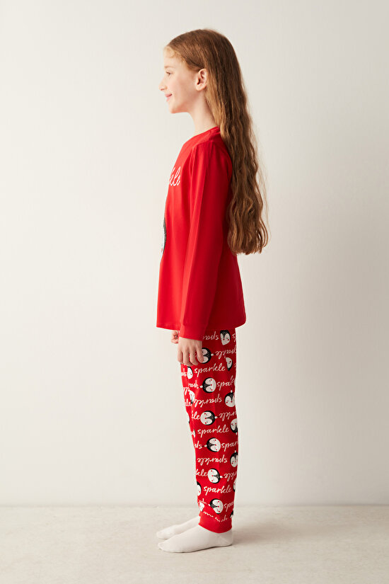 Kız Çocuk Payetli Kırmızı Pijama Takımı - 2