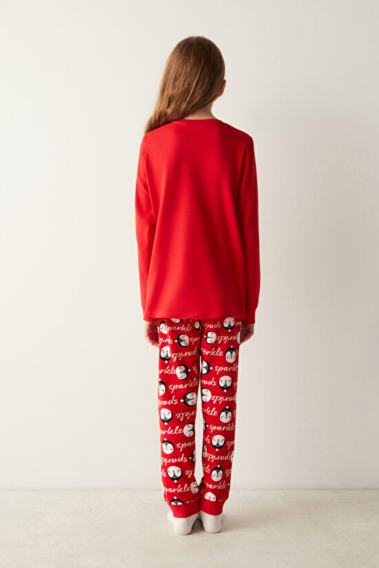 Kız Çocuk Payetli Kırmızı Pijama Takımı - 3