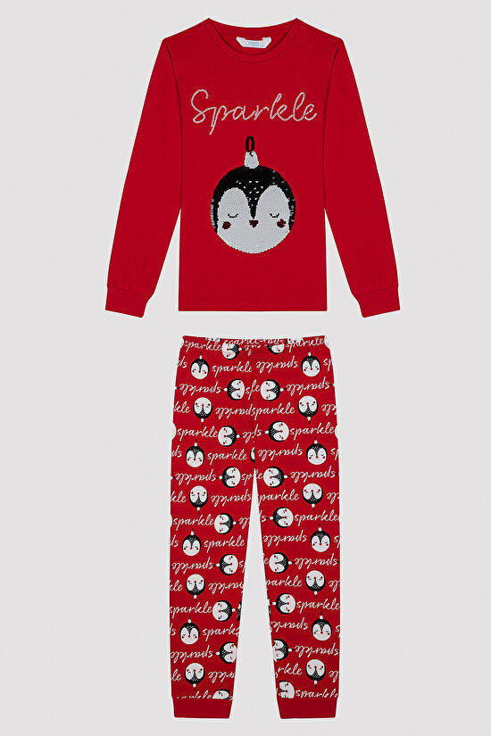Kız Çocuk Payetli Kırmızı Pijama Takımı - 6