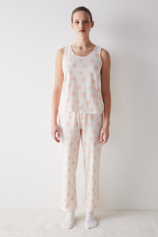 Peach Floral Pantolon Pijama Takımı - 1