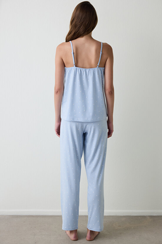 Açık Mavi Mia Puantiyeli Dantelli V Yaka Pamuklu Pijama Takımı - 5