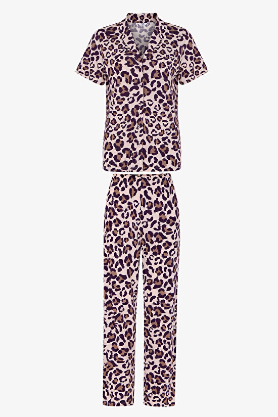 Pembe Collagen Leopar Desenli Kısa Kollu Gömlek Pantolon Pijama Takımı - 1