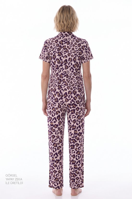 Pembe Collagen Leopar Desenli Kısa Kollu Gömlek Pantolon Pijama Takımı - 2