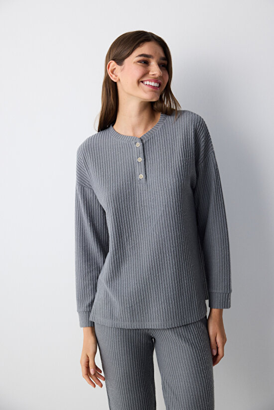 Koyu Gri Waffle Koyu Gri Pantolon Pijama Takımı - 3