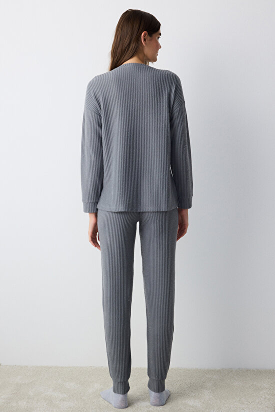 Koyu Gri Waffle Koyu Gri Pantolon Pijama Takımı - 5
