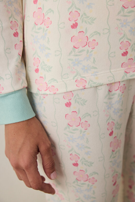 Gardenya Cute Flowers Termal Etkisi Bisiklet Yaka Uzun Kollu Pijama Üstü - 5