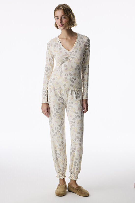 Ekru Bloom Çiçekli Uzun Kollu Pantolon Pijama Takımı - 1