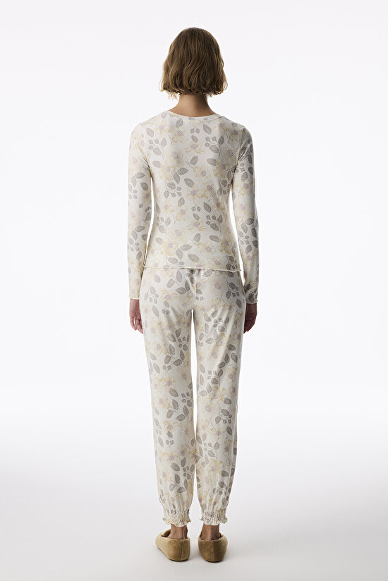 Ekru Bloom Çiçekli Uzun Kollu Pantolon Pijama Takımı - 3