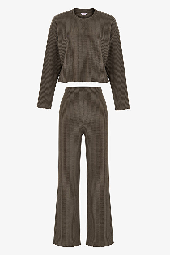 Haki Khaki Waffle Uzun Kollu Pantolon Pijama Takımı - 1