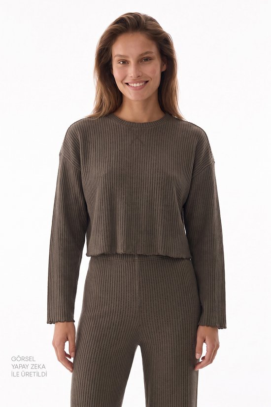 Haki Khaki Waffle Uzun Kollu Pantolon Pijama Takımı - 2