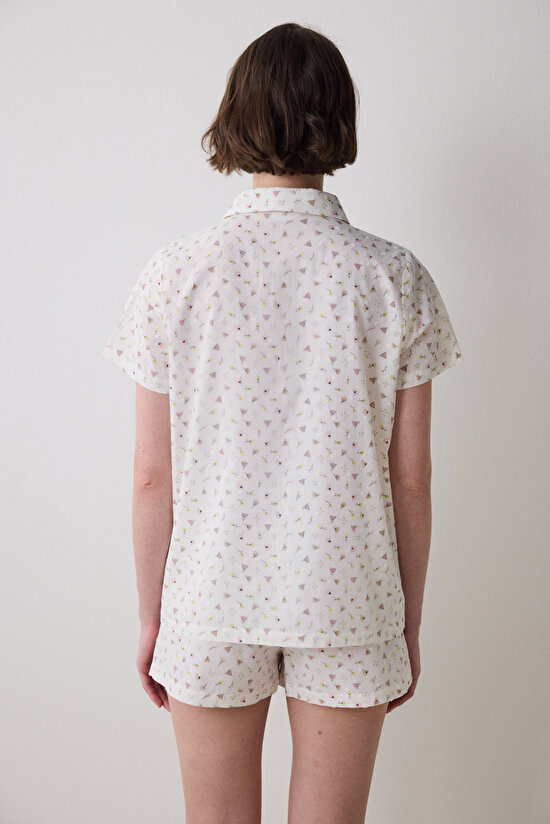 Blossom Pamuklu Gömlek Şort Ekru Pijama Takımı - 3