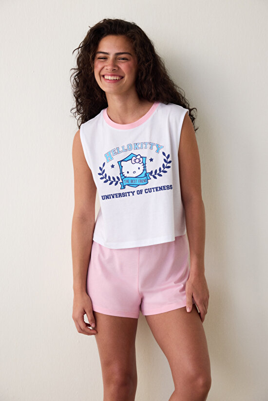 Optik Beyaz Sanrio Best Friends Baskılı Askılı Şortlu Pijama Takımı - 1