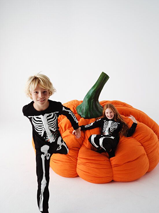 Unisex Çocuk İskelet Desenli Pamuklu Siyah Pijama Takımı - 5