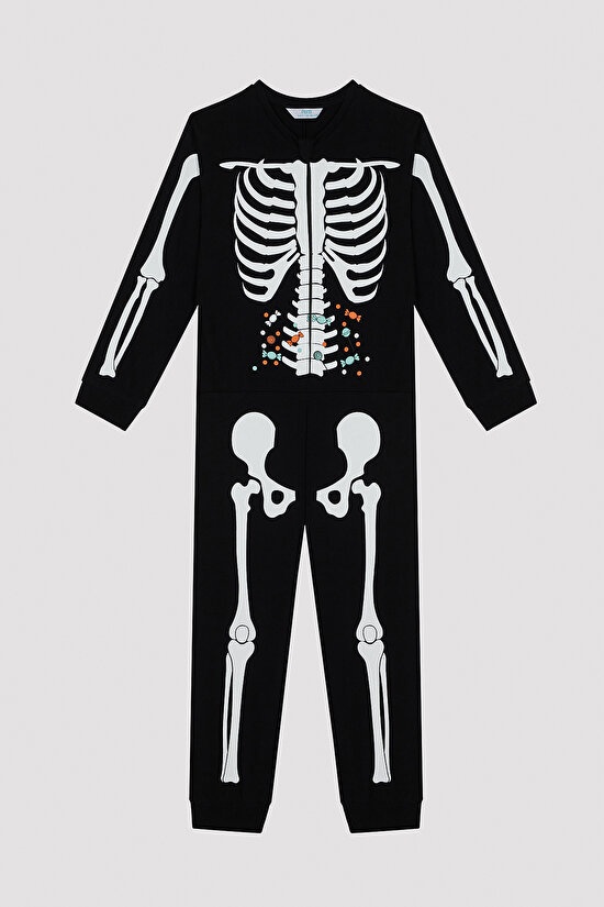 Unisex Çocuk İskelet Desenli Pamuklu Siyah Pijama Takımı - 7