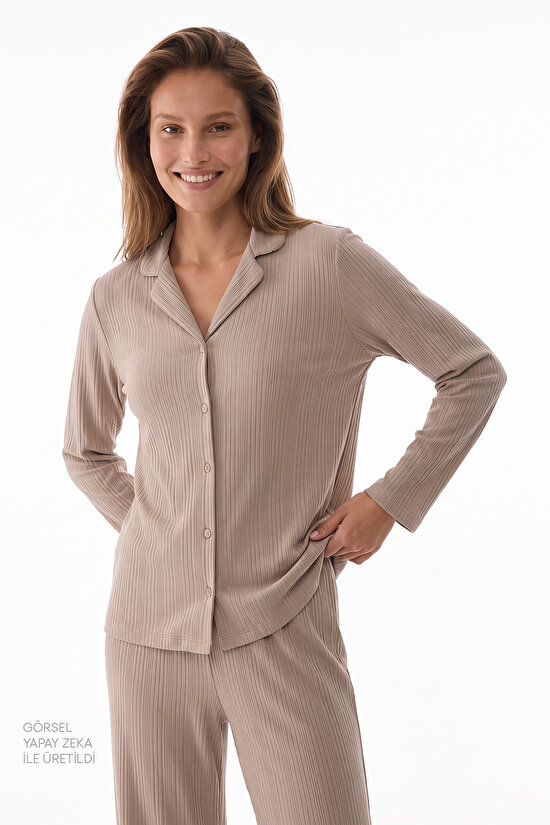 Bej Sadie Fitilli Uzun Kollu Gömlek Pantolon Pijama Takımı - 2