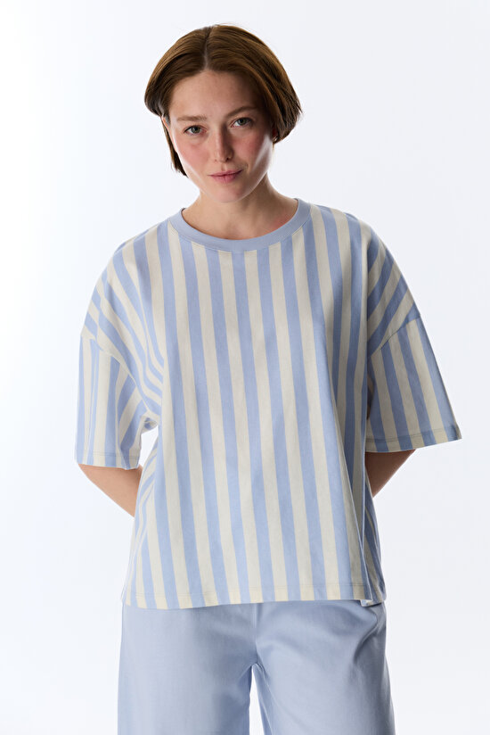 Mavi Cozy Club Çizgili Tişört Pijama Üstü - 1