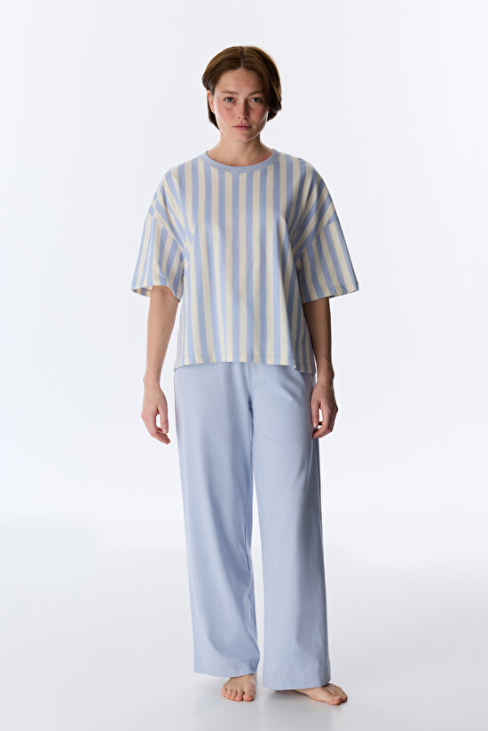 Mavi Cozy Club Çizgili Tişört Pijama Üstü - 2