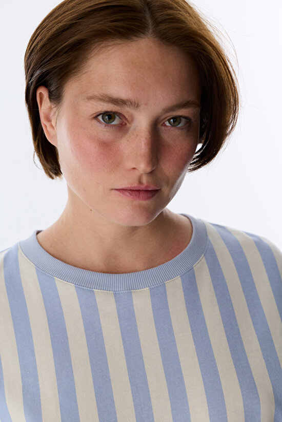 Mavi Cozy Club Çizgili Tişört Pijama Üstü - 3