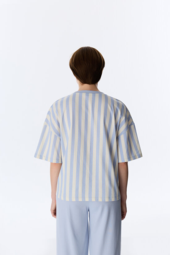 Mavi Cozy Club Çizgili Tişört Pijama Üstü - 4