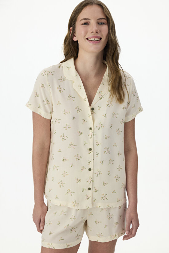 Ekru Bloom Gömlek Şort Pijama Takımı - 1