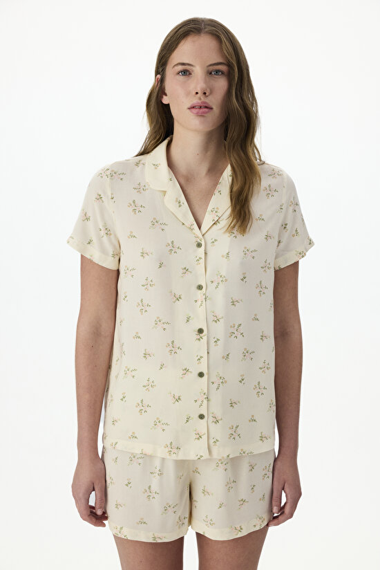 Ekru Bloom Gömlek Şort Pijama Takımı - 2