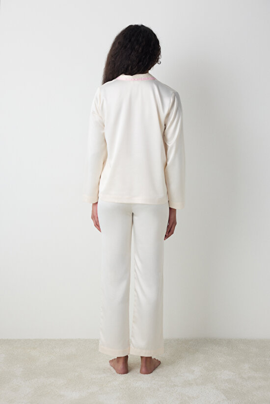 Satin Solid Shirt Pant Cream PJ Set - Penti Loves Paris Collection Satin Solid Shirt Pant Cream PJ Set - Penti Loves Paris Collection - 6