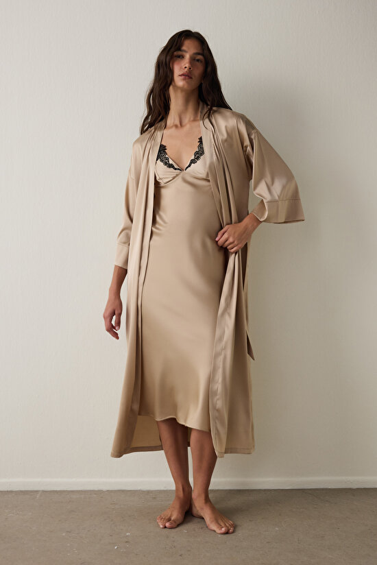 Bej Concept Bağlama Detaylı Saten Sabahlık - 4