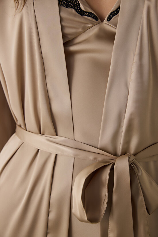 Bej Concept Bağlama Detaylı Saten Sabahlık - 5