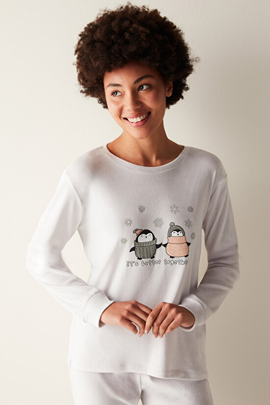 Kar Tanesi Desenli Fuzzy Sweatshirt Gri Pijama Üstü - 2