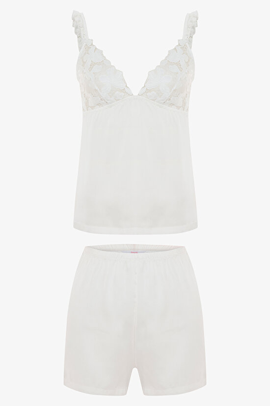 Kırık Beyaz Bridal Delicate Dantelli Çeyizlik Şortlu Pijama Takımı - 1