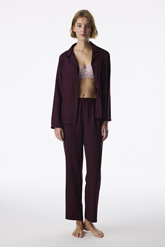 Bordo Maroon Saten Çizgili Uzun Kollu Gömlek Pantolon Pijama Takımı - 3