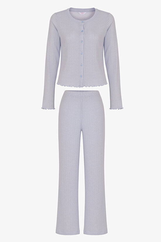 Mavi Sky Ajur Desenli Uzun Kollu Pantolon Pijama Takımı - 1
