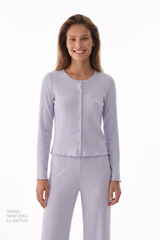 Mavi Sky Ajur Desenli Pamuklu Uzun Kollu Pantolon Pijama Takımı - 2