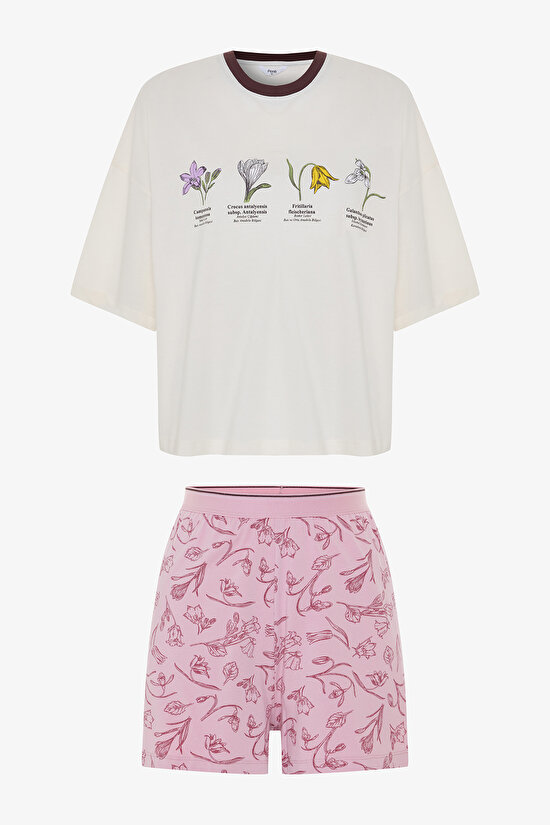 Ekru Bozkır Lalesi Çiçek Baskılı Organik Pamuk Bisiklet Yaka Kısa Kollu Şortlu Pijama Takımı - Inspired by Flora - 1