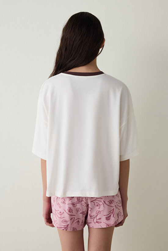 Ekru Bozkır Lalesi Çiçek Baskılı Pamuklu  Bisiklet Yaka Kısa Kollu Şortlu Pijama Takımı - Inspired by Flora - 5